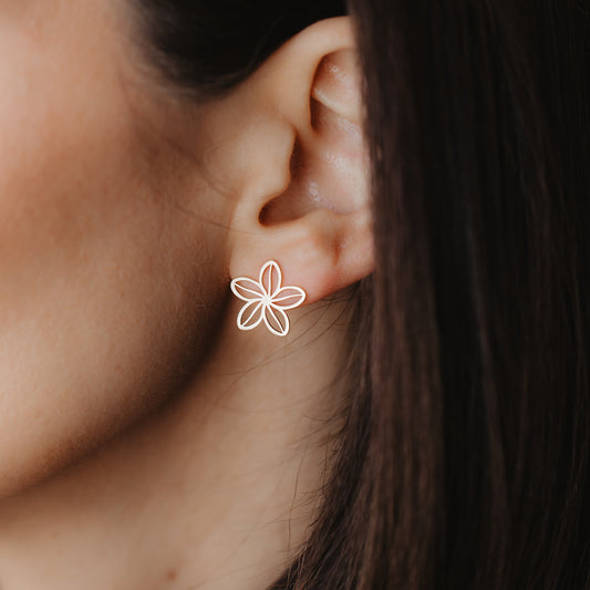 Nahaufnahme eines Ohrs, das einen filigranen Blumen-Ohrstecker aus durchbrochenem 14K Gelbgold trägt.