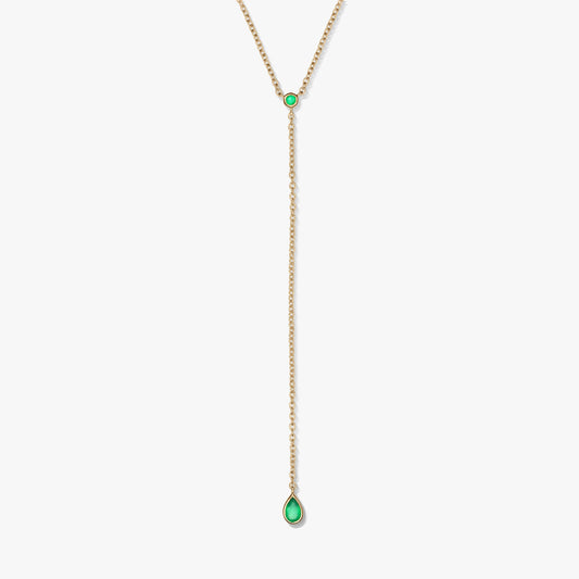 Gold-plated sterling silver lariat necklace with green onyx accents and a teardrop drop pendant, photographed on a white background.