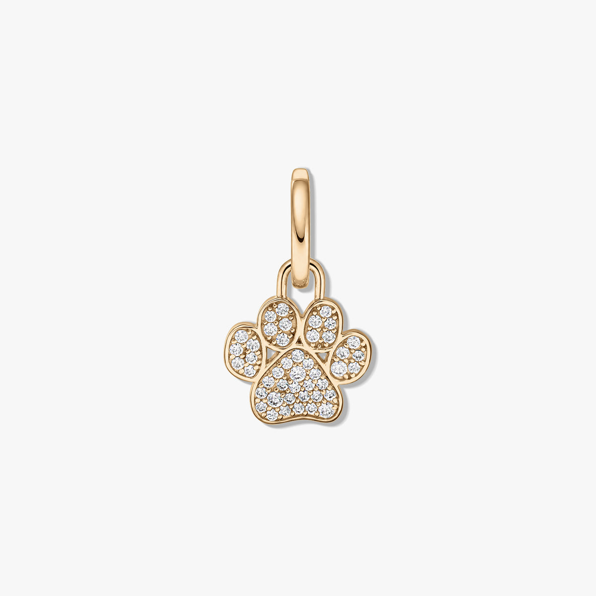 Sterlingsilber-Anhänger mit vergoldeter Pfotenabdruck und klaren Zirkonia-Pavé auf weißem Hintergrund.