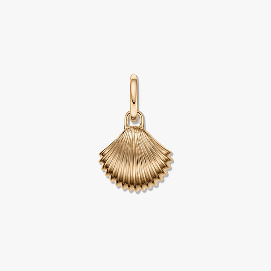 Goldene Muschel-Silber-Anhängers mit geriffelter Fächerform und polierter Oberfläche auf weißem Hintergrund.