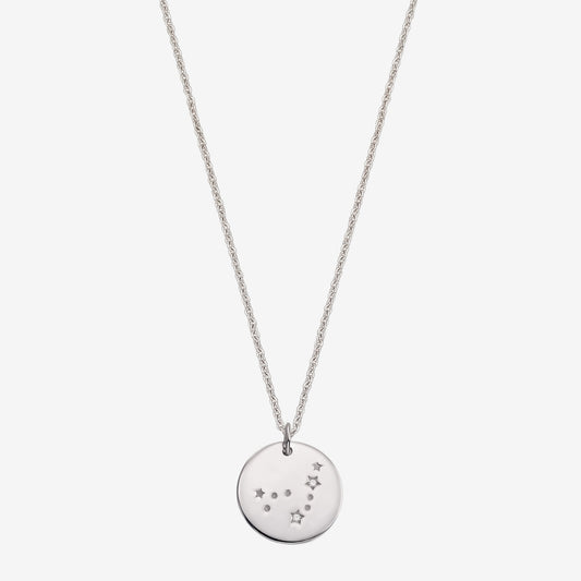 Zarte 925er Sterlingsilber Halskette mit Steinbocksymbol in Scheibenform und weißen Saphirakzenten, fotografiert auf weißem Hintergrund.